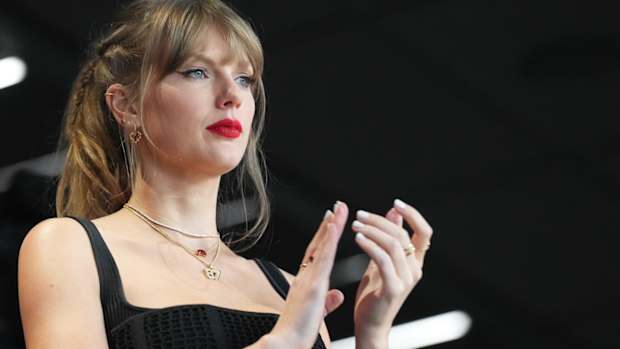 Pop star Taylor Swift cheers at Super Bowl LVIII in Las Vegas on Feb. 11, 2024.